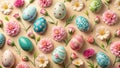 Delicate Pastel Easter Eggs and Carnations on a Beige Background A Seamless Springtime Pattern for Easter Decor Fabric Royalty Free Stock Photo