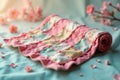 Delicate pastel patchwork quilt rolled on a soft surface with blossoms nearby. Generative AI Royalty Free Stock Photo