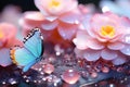 Delicate pastel pink and blue flowers with a butterfly and dew drops. close-up. Playground AI platform. Royalty Free Stock Photo