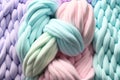 Delicate pastel yarn for knitting. Twisted threads abstract background. Generative AI illustration