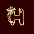 Delicate pattern for cutting letter H with tender wildflowers. Golden die cutting for scrapbooking.