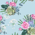 Delicate pattern of dog roses flowers. Roses, herbs and succulent. Design for cloth, wallpaper, gift wrapping Royalty Free Stock Photo