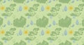 Watercolor Rainy Day Pattern with Sun, Water Droplets, and Foliage on Light Green Backdrop Royalty Free Stock Photo