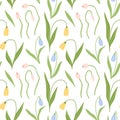 Delicate pattern with tulips and lilies of the valley, yellow, pink and blue flowers on white