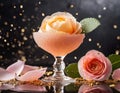 A delicate, peach-pink apricot and rose petal sorbet, with thin, gold leaf accents