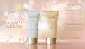 Delicate pearl pink cosmetic ad. Beige white face cream mask tube reflection package mockup blurred defocused shiny