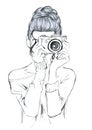 Delicate pencil girl with a camera Fashion style