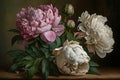 Delicate peony bouquet. Luxurious flowers on dark background. AI Royalty Free Stock Photo