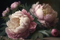 Delicate peony bouquet. Luxurious flowers on dark background. AI Royalty Free Stock Photo