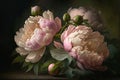 Delicate peony bouquet. Luxurious flowers on dark background. AI Royalty Free Stock Photo