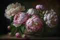 Delicate peony bouquet. Luxurious flowers on dark background. AI Royalty Free Stock Photo