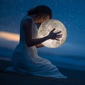 Delicate photography, Astrology, Women`s magic. Beautiful attractive girl on a night beach with sand and stars hugs the moon, art Royalty Free Stock Photo