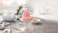 Delicate pink apple marshmallow hand-made in a glass transparent vase. Congratulate. Sign of attention. Marshmallow, dessert.