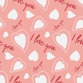 Delicate pink background with heart and text i love you, cute romatic seamless pattern Royalty Free Stock Photo