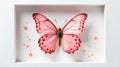 A delicate pink butterfly specimen in a white frame with coral paint splashes. Generative AI Royalty Free Stock Photo