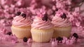Delicate pink cupcakes adorned with fresh flowers and berries Royalty Free Stock Photo