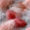 Delicate pink feathers rest softly, adorned with tiny droplets that reflect light, creating a serene and calming scene SEAMLESS Royalty Free Stock Photo