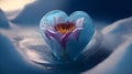 A delicate pink flower in the middle of an icy heart. The concept of overcoming coldness in relationships. Generation AI