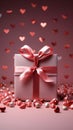 Delicate pink gift box, red bow, heart-studded pink background. Ideal holiday banner.