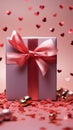 Delicate pink gift box, red bow, heart-studded pink background. Ideal holiday banner.