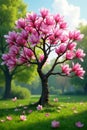 A delicate pink magnolia tree in a verdant meadow, basking in the warmth of spring sunlight. Generative AI Royalty Free Stock Photo