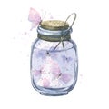 Delicate pink, purple butterflies in a jar with a cork, with splashes of paint. Watercolor illustration. For the design