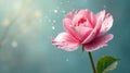 A delicate pink rose blossom adorned with sparkling dew drops against a soft teal background. Generative AI Royalty Free Stock Photo