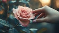 Delicate Pink Rose Touched by a Hand in Nature Royalty Free Stock Photo