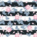 Delicate pink roses with black stripes seamless pattern. Hand drawn flat silhouettes with white outline. Retro floral