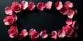Delicate pink roses and flowers forming a golden rectangular frame on a dark background. Generative AI Royalty Free Stock Photo
