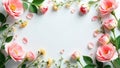 Delicate pink roses and yellow flowers frame a blank space for your message. Generative AI Royalty Free Stock Photo