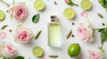 delicate pink roses, zesty lime slices, and aromatic cardamom pods, set against a pristine white background with a
