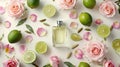 delicate pink roses, zesty lime slices, and aromatic cardamom pods, set against a pristine white background with a