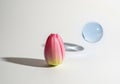 A delicate pink tulip bud rests beside a translucent blue sphere on a clean white background casting soft shadows Royalty Free Stock Photo