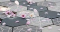 Cherry Blossoms Falling on Hexagonal Tiles, Spring Season Nature Background Royalty Free Stock Photo