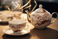 Delicate Porcelain Teapot And Tea Cups For New Year Celebration Chinese New Year. Generative AI