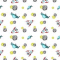 Delicate print, Space rocket, round planets and moon, yellow stars, seamless square pattern