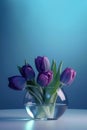 Delicate purple tulips in vase on blue monochrome background. Generative AI