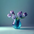 Delicate purple tulips in vase on blue monochrome background. Generative AI