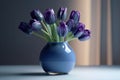 Delicate purple tulips in vase on table. Generative AI