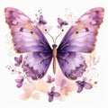 Delicate purple watercolor butterfly with golden veins and pink flowers