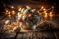 Delicate Quail Eggshells in a Glass Bowl Rustic Charm and LowLight Elegance Royalty Free Stock Photo
