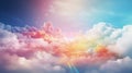 Delicate rainbow clouds of pink, purple, turquoise, blue, red colors. Abstract beautiful sky background. Colorful