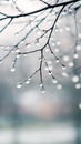 Raindrops glisten on bare branches in a serene winter setting Royalty Free Stock Photo