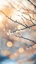 Raindrops glisten on bare branches in a serene winter setting Royalty Free Stock Photo
