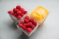 Delicate raspberry and mango panacotta decorated with fresh fruit. Royalty Free Stock Photo