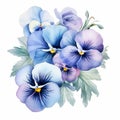 Delicate Realism: Blue And Violet Pansy Watercolor Clipart Royalty Free Stock Photo