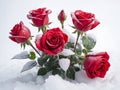 delicate red roses and rosebuds with frost on flower petals and leaves snow covered ground cold winter day