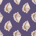 Delicate regular seamless pattern with realistic watercolor sea conchs on pastel background. Royalty Free Stock Photo