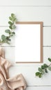 Elegant Wedding Invitation Mockup: Flat Lay with Blank Card, Eucalyptus Greenery, and Soft Pink Fabric Royalty Free Stock Photo